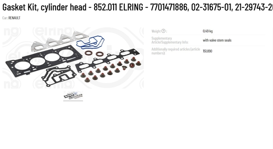 VICTOR REINZ Gasket Kit for Cylinder Head 852.011 ELRING 7701471886 02-31675-01 21-29743-20/0 Metal Design