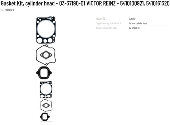 100% Tested VICTOR REINZ Gasket Kit for Cylinder Head Part Number 03-37190-01 5410100921 5410161320 290.400 Guaranteed