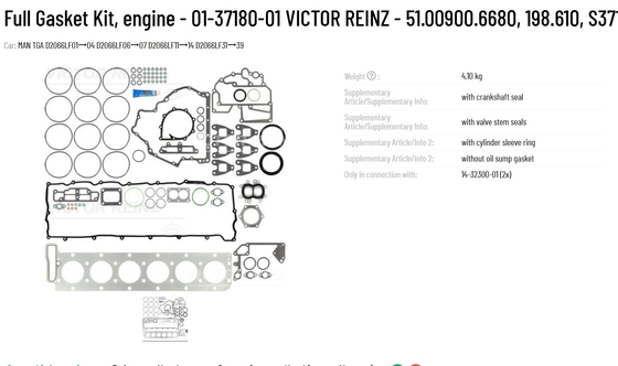 VICTOR REINZ Full Gasket Kit Engine 01-37180-01 51.00900.6680 198.610 S37182-00 100% Tested for Optimal Performance