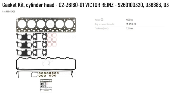 02-36160-01 9260100320 D36883 D36883-00 VICTOR REINZ Gasket Kit For Cylinder Head Metal Material