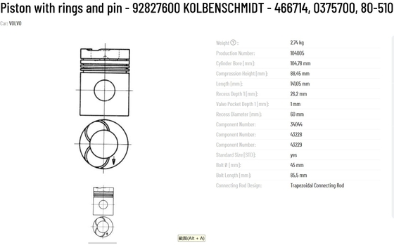 Metal 100% Tested Original KS Piston with rings and pin 92827600 KOLBENSCHMIDT 466714 0375700 80-5108-00
