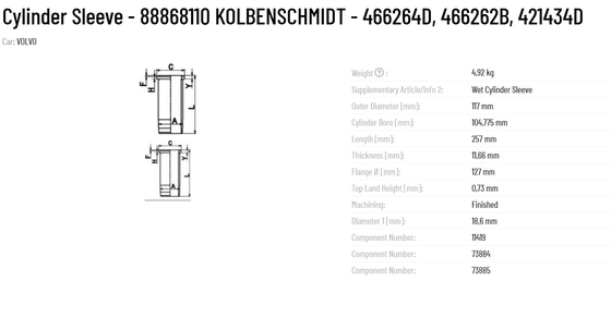 88868110 KOLBENSCHMIDT Cylinder Sleeve with 4.92kg Weight and Durable Design 466264D 466262B 421434D
