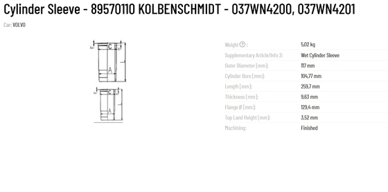 Metal Cylinder Sleeve Part Number 037WN4200 037WN4201 for 89570110 KOLBENSCHMIDT and Durable Materials