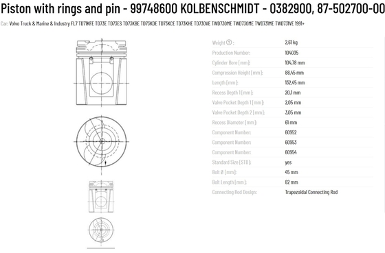 DEUTZ Metal Competitive Original KS Piston with Rings and Pin 99748600 KOLBENSCHMIDT 0382900 87-502700-00 104L28