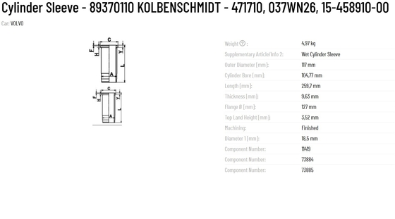 Manufacturing Plant KS Cylinder Sleeve 89370110 KOLBENSCHMIDT 471710 037WN26 15-458910-00 for Performance