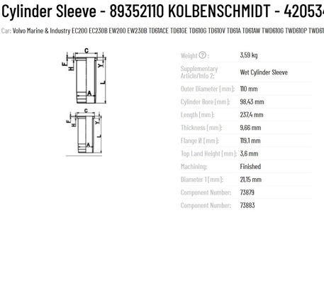 DEUTZ Original KS Cylinder Sleeve 89352110 KOLBENSCHMIDT 420534 SJ351290 465808 Part number SJ351290