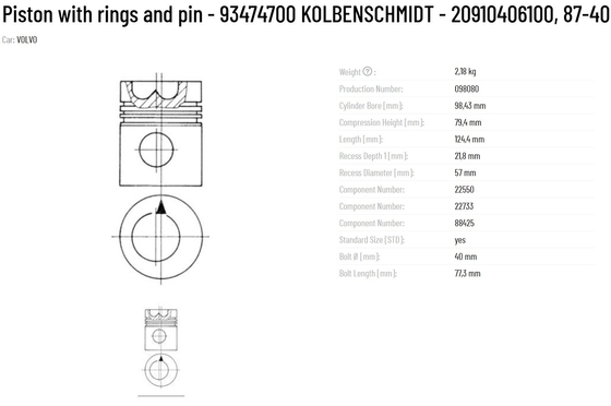 KS Piston with Rings and Pin 2.18kg Part Number 20910406100 87-405500-10 93474700 KOLBENSCHMIDT Original KOLBENSCHMIDT