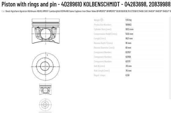 100% Tested Piston with Rings and Pin 40289610 KOLBENSCHMIDT 04283698 20839988 04284179 Superior Performance Guaranteed