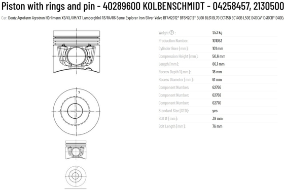 Construction Works DEUTZ Original KS Piston with Rings and Pin 40289600 KOLBENSCHMIDT 04258457 21305007 04501366 at Affordable