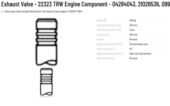 DEUTZ TRW Exhaust Valve 22323 Engine Component Guaranteed and Tested for DEUTZ Engines 04284043 21026536 099VA91217000