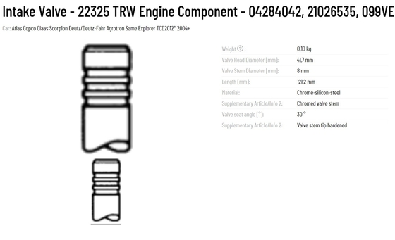 TRW Intake Valve 22325 Engine Component 04284042 21026535 099VE91216000 Long-Lasting Durability