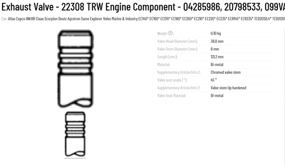 TRW Exhaust Valve 04285986 20798533 099VA91219000 22308 Engine Component Designed for Machinery Repair Shops