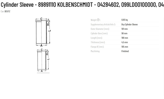 KS Cylinder Sleeve 89891110 KOLBENSCHMIDT 04284602 099LD00100000 04515121