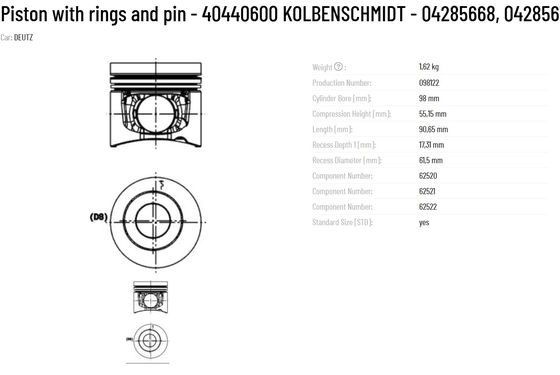 DEUTZ 1.62kg Original KS Piston with Rings and Pin 40440600 KOLBENSCHMIDT 04285668 04285672 21753886