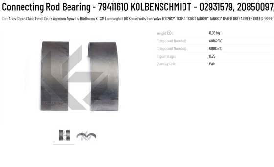 DEUTZ Connecting Rod Bearing 79411610 KOLBENSCHMIDT 02931579 20850097 71-47230.25 0.09kg for High Temperature Environments