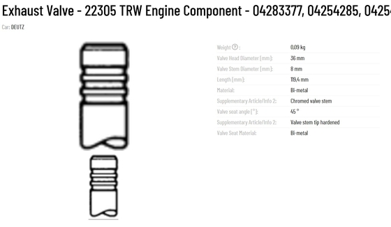 Exhaust Valve Part Name 22305 TRW Engine Component 04283377 04254285 04254935 Designed for Optimal Performance at 0.09kg