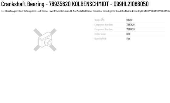 Crankshaft Bearing 78935620 099HL21068050 for volvo DEUTZ BF4M2012* BF6M2012* BF4M2013* BF6M2013* D4D* D6D* TAD420