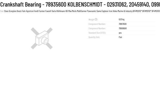 Original KS Crankshaft Bearing 78935600 KOLBENSCHMIDT 02931062 20459140 099HL21068000 for Construction Works 0.13kg