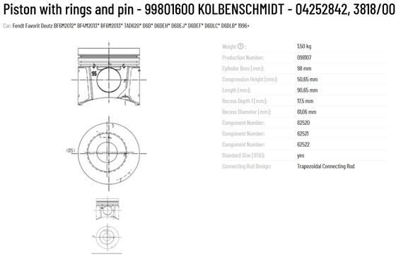 Piston with Rings and Pin 99801600 04252842 3818/00 8153/00 for deutz volvo
