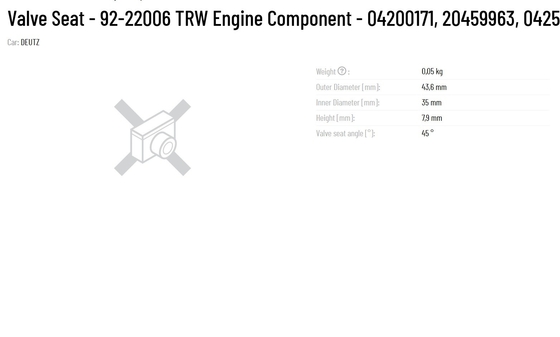 TRW Valve Seat 92-22006 04200171 20459963 04252443 for deutz volvo