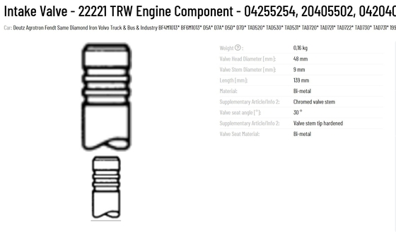 TRW Intake Valve 04255254, 20405502, 04204014 22221 for deutz