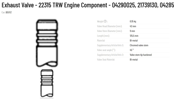 TRW Exhaust Valve 22315 04290025 21739130 04285957 for deutz