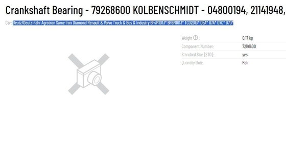 Crankshaft Bearing 79268600 04800194 21141948 VOE20405516 for DEUTZ Volvo