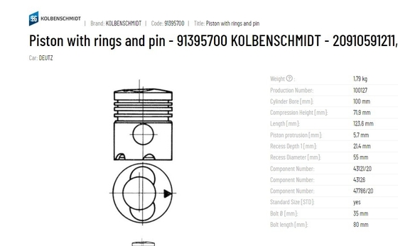 KRAMER FAHR with ORIGINAL KS Piston and rings 02136952 91395700 04230681 20910591211 87-172500-00 20910591200