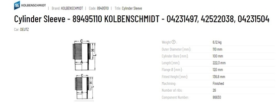 Cylinder Sleeve 20040591298 89495110 14-900080-10 04231497 04231504 for DEUTZ