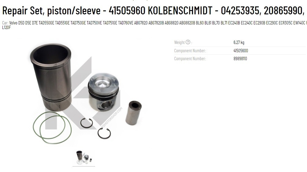 Volvo D5E D7E Engine Parts Original KS Piston Sleeve Repair Kit 41505960 04253935 04501352 20865990 41505600